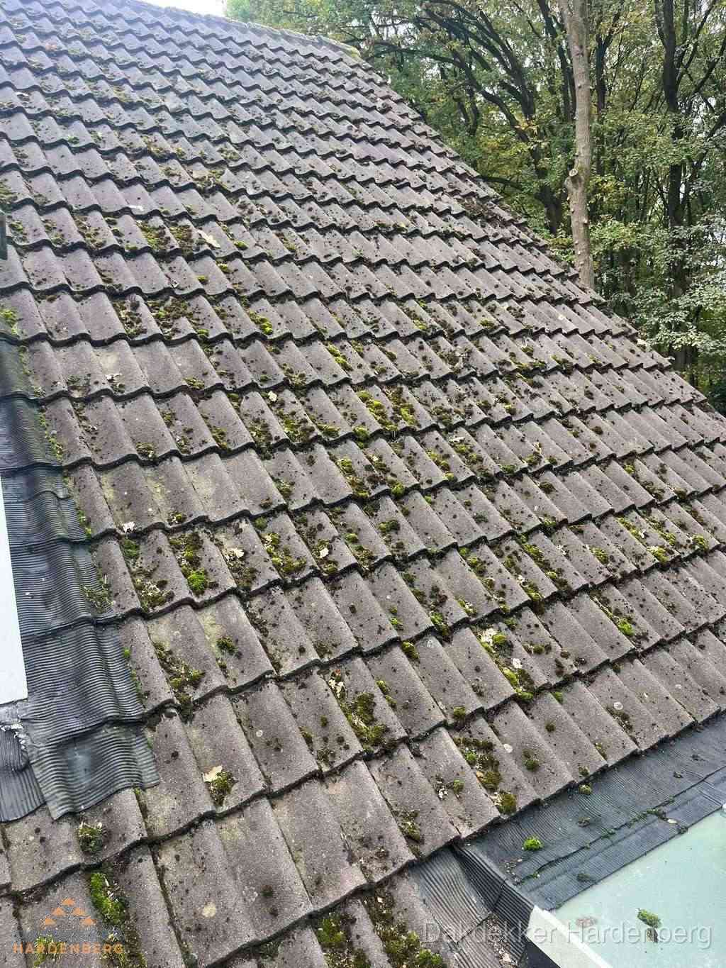 Verweerd pannendak met mosgroei dat renovatie nodig heeft in Hardenberg